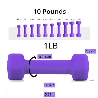 Portzon Weights Dumbbells 10 Colors Options Compatible with Set of 2 Neoprene Dumbbells Set,1-15 LB, Anti-Slip, Anti-roll, Hex Shape - color: Purple, style: 01-Pound, Pair
