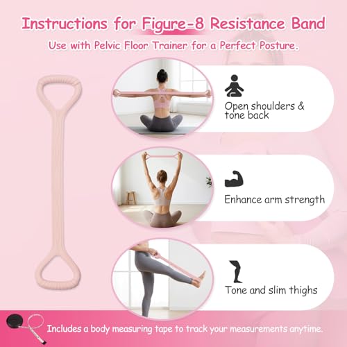 Thigh Trainer, Pelvic Floor Exercise Devices, 360° Adjustable Pelvic Floor Trainer Women, Thigh and Pelvic Trainer with 15-55LB Resistant Band Set and Body Measuring Tape (Pink)