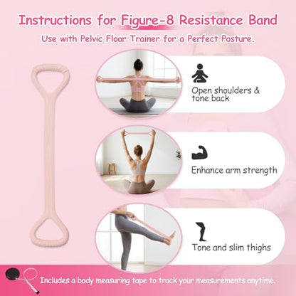 Thigh Trainer, Pelvic Floor Exercise Devices, 360° Adjustable Pelvic Floor Trainer Women, Thigh and Pelvic Trainer with 15-55LB Resistant Band Set and Body Measuring Tape (Pink)