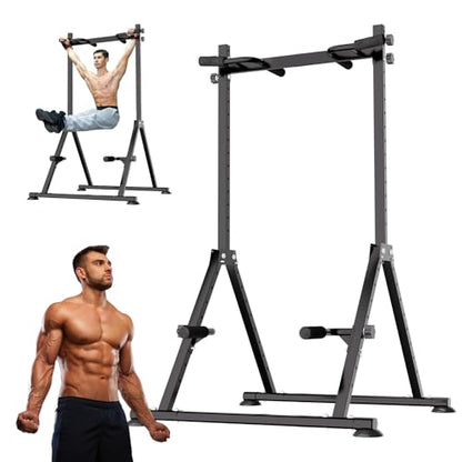 Folding Power Tower Dip Station Pull Up Bar, Multifunctional Pull Up Tower Adjustable Height, Triangular Structure Strength Training Workout Equipment for Home Gym Fitness