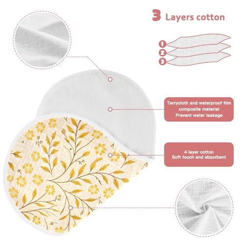 Yellow Leafy Botanical Muslin Burp Cloths 1 Pack - Extra Large 22"x11", 4-Layer Soft Absorbent Cotton, Waterproof Backing, Baby Drool Rags for Newborn