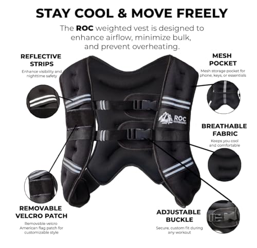 Roc Outdoors Weighted Vest W/ Rub-Free Technology for Woman and Men, 5lb/10lb/15lb/20lb/30lb Weight Vest with Reflective Stripe for Workout, Strength Training, Running, Walking, Fitness, Weight Training, Weight Loss, Weightlifting