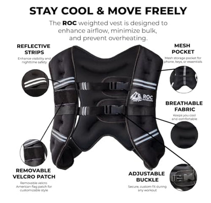 Roc Outdoors Weighted Vest W/ Rub-Free Technology for Woman and Men, 5lb/10lb/15lb/20lb/30lb Weight Vest with Reflective Stripe for Workout, Strength Training, Running, Walking, Fitness, Weight Training, Weight Loss, Weightlifting