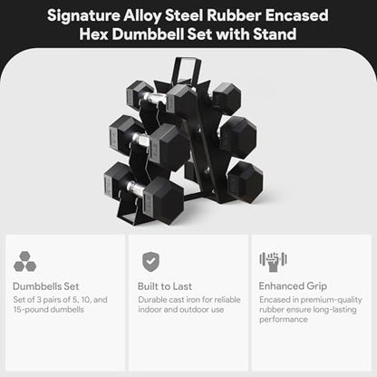 BalanceFrom Premium Rubber Encased Hex Dumbbell Sets, 46LBS Set, 60LBS Set, 100LBS Set - style: 3-Pair Set with A-Rack: 46 lbs