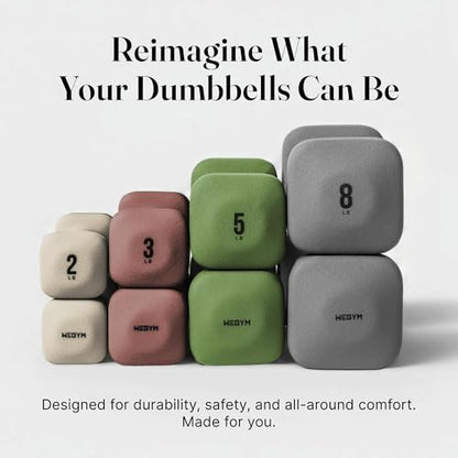 WeGym SafeGrip Square Dumbbells with Anti-Slip Handles, Safe Weight Lifting Equipment for Home Gym, Aesthetic Dumbbell Sets (Starter Set 2+3+5+8LB Pair with Sandstone Rack - Mix Set)
