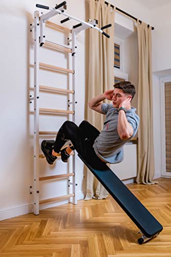 Swedish Ladder Wall Bar - Indoor Chin Up Bar Workout Equipment for Home Exercise, Physical Therapy, Gymnastics, Fitness (WallBars + Convertible Pullup Bar + Dip Bars + Bench, White)