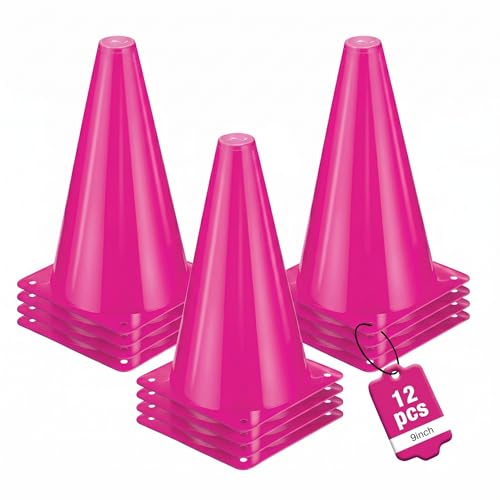 12pcs Cones 9 Inch Soccer Cones and Plastic Traffic Cones, Durable Cones for Sports Training, Ideal for Soccer, Basketball, Football, Skating, and Agility Drills Practice - color: pink
