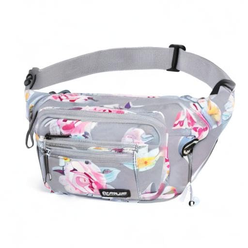 CXWMZY Fanny Packs For Women & Men Waist Pack Hip Bum Bag with Multi-Pockets Large Capacity Waterproof , for Disney Traveling Casual Cycling Running Hiking - color: Gray Flower