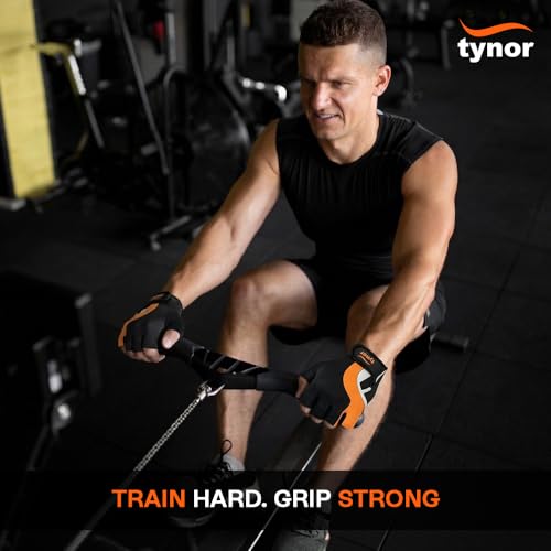 TYNOR Training Gym Gloves Padded Weight Lifting Gloves with Wrist Wrap Extra Grips Adjustable Full Palm Protection Fitness Fingerless Glove for Men & Women, Crossfit, Climbing,1 Pair
