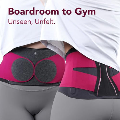 0.5mm Ultra Thin Back Brace for Women Men, Seamless Yoga Fabric for All Day Comfort, Wear under Clothes, Enhanced Lumbar Pad for Lower Back Pain Relief, Sciatica, Posture, Lifting, Rose, Size L