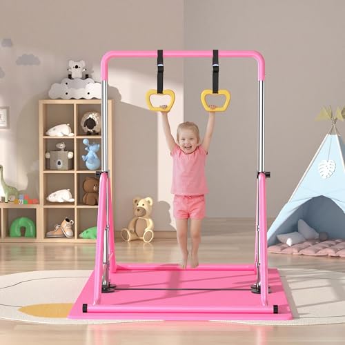 Expandable Kids Gymnastics Kip Bar - Upgraded Dual Base, Folding Adjustable Height 44''-60'', 350LBS Weight Limit, Anti-Slip Suction Feet, Home Training Bar for Kids Ages 3-13 (Pink) - color: Pink with rings and mat