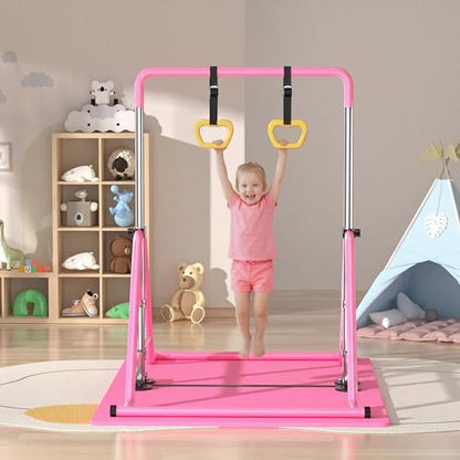 Expandable Kids Gymnastics Kip Bar - Upgraded Dual Base, Folding Adjustable Height 44''-60'', 350LBS Weight Limit, Anti-Slip Suction Feet, Home Training Bar for Kids Ages 3-13 (Pink) - color: Pink with rings and mat