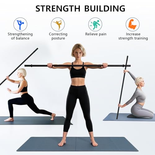 Yoga Stick 5ft, Adjustable Stretching Stick with 4 Steel Rods, Non-Slip Handle and Exercise Guide for Stretching and Exercise Physical Therapy, Pilates, Multi-Functional Fitness Stick.