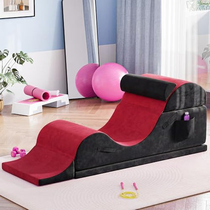 Convertible Yoga Chair for Adults, Ergonomic Foam Lounge with Lumbar Pillow, Washable Cover, Side Pocket, No Assembly Needed – Great for Exercise, Stretching & Relaxation Black + Red - color: Black + Red