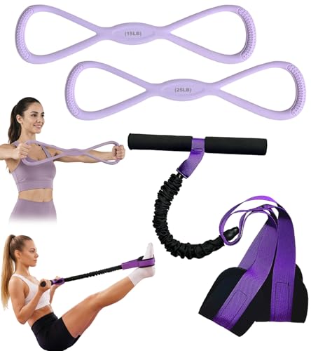 3 Pcs Fitness Resistance Bands Set, Pedal Sit Up Exercise Band with Handles and Figure 8 Bands for Strength Training, Stretching, Home Workout