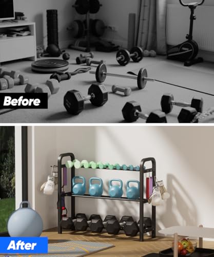 Adjustable Dumbbell Rack, Weight Storage Stand Holder for Dumbbells & Kettlebells, Heavy-Duty Home Gym Organizer with 6 Hook for Home Gym Equipment Accessories (Rack Only)