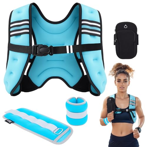 10 lb Weighted Vest Set for Women, Rucking Weighted Vest with 2x2lb Ankle Weights, Reflective Stripes, Arm Pocket, No Bounce for Running, Walking, Strength Training Weight Loss