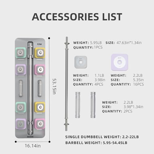 DHT Adjustable Dumbbells, Dumbbell Barbell Sets with Rack, Free Weights Dumbbells Set All-Purpose Fitness, Anti-Rolling, Weights Set for Home, Gym, Office, Wall-Mounted, 2.2-50 lbs, 1 Set / 2 in 1 - color: Macaron