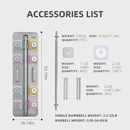 DHT Adjustable Dumbbells, Dumbbell Barbell Sets with Rack, Free Weights Dumbbells Set All-Purpose Fitness, Anti-Rolling, Weights Set for Home, Gym, Office, Wall-Mounted, 2.2-50 lbs, 1 Set / 2 in 1 - color: Macaron