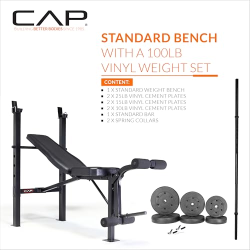 CAP Barbell Standard Weight Bench with Leg Developer and a 100 LB Vinyl Weight Set – Adjustable Backrest, Barbell, and Cement Plates for Home Gym