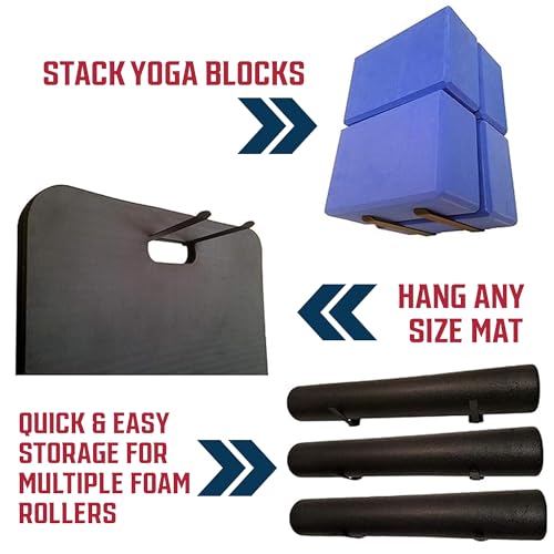 Yoga Mat Hanger - Adjustable Hooks for Exercise Mats, Foam Rollers & Gym Equipment Storage - Wall Mounted - Hardware Included - (6.75" x .75") - American Steel - style: 1-PAIR