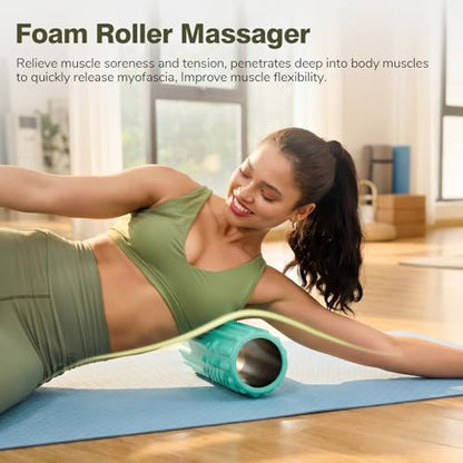 5 in 1 Foam Roller Set - Back Roller Foam, Massage Roller Stick, Massage Ball, Resistance Band for Physical Therapy & Deep Tissue Muscle Massage (Green)