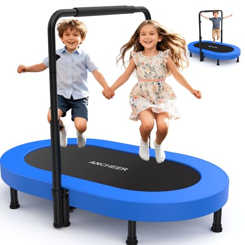 ANCHEER Trampoline, Mini Trampoline with Adjustable Handle -Indoor/Outdoor Rebounder for Kids & Toddlers, 56'' Safe Oval Fitness Trampoline with Bar for Home Fun - color: Blue Dark, size: 56 inch
