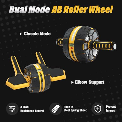 Ab Roller Wheel with Elbow Support, 3 Levels Resist, Dual Mode, Ab Wheel for Core Workout, Automatic Rebound Sytem,Spring Steel Sheet