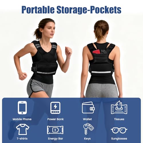 Adjustable Weight Vest for Men & Women, 4-10LBs/11-20LBs with 6 Weight Pags, Pockets & Reflective Strip for Running, Strength Training, Fat Loss & Body Sculpting