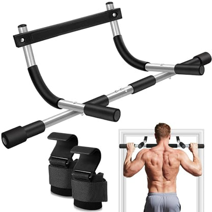 Pull Up Bar for Doorway,2 Pcs Weight Lifting Hooks,Upgrade Chin up Bar for Doorway Without Screws,- Upgraded Heavy Duty Lifting Wrist Straps for Deadlift,