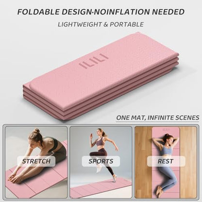 ILILI Foldable Yoga Mat 71 * 24 * 0.3'' - TPE Non-Slip Fitness Mat for Home，Waterproof & Lightweight (2lb) for Home Gym, Pilates & Stretching,Fitness Workouts - color: LIGHT PINK