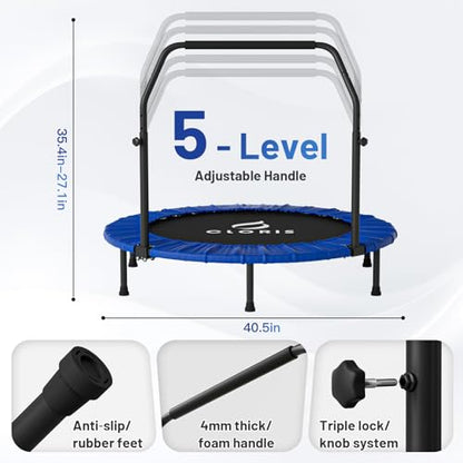 Rebounder Trampoline for Adults 40 Inch, 400 lbs Capacity with 5-Level Adjustable Bar, Foldable Mini Indoor Fitness Workout Exercise Equipment Blue