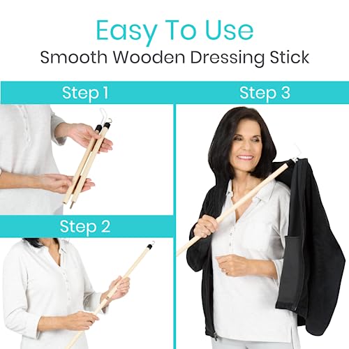 Vive Dressing Stick for Elderly (27”) - with Zipper Puller & Sock Remover Tool - Aid for Pants - Accessories for Daily Living, Assistant Device No Bending for Seniors - After Shoulder Surgery Helper