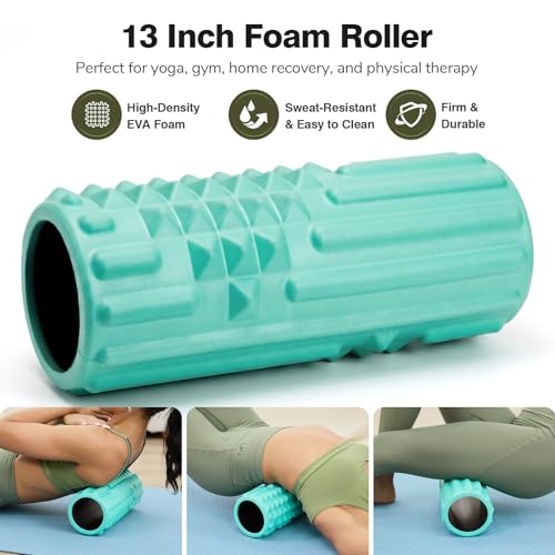 5 in 1 Foam Roller Set - Back Roller Foam, Massage Roller Stick, Massage Ball, Resistance Band for Physical Therapy & Deep Tissue Muscle Massage (Green)