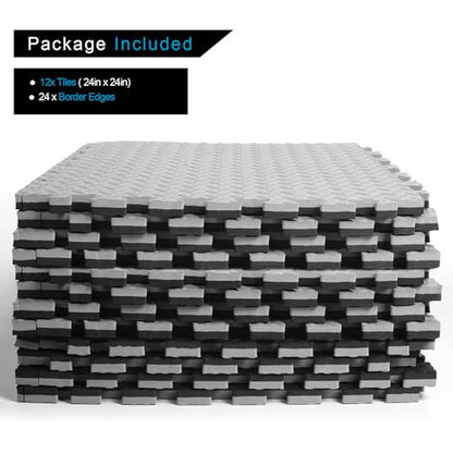 3/4 in Thick 48 Sq Ft EVA Foam Exercise Gym Mats 12 Pcs - Interlocking Puzzle Floor Tiles for Home Gym Heavy Workout Equipment Flooring - 24 x 24in Tile, Black & Gray