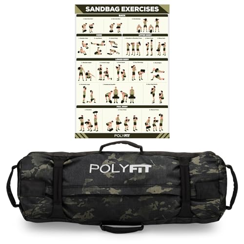 Polyfit Classic Sandbag - Workout Sandbag with 8 Gripping Handles - color: BLACK CAMO, size: Large (50-125lbs)