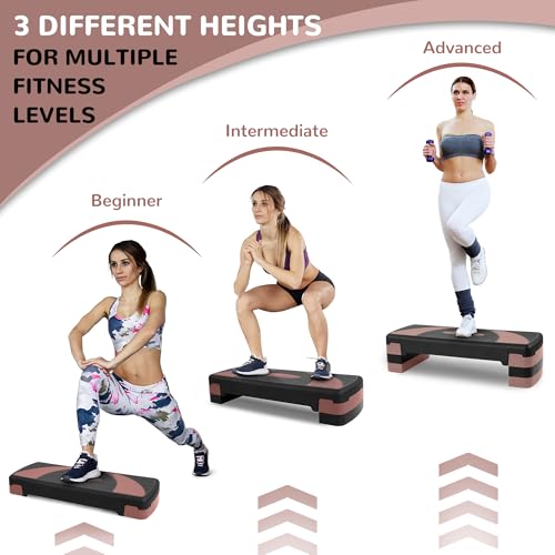 Fitvids Step Aerobic Platform, Exercise Step with levels Adjustable Height, Stackable Risers, Fitness Training Workout Stepper for Home Gym, Cardio Strength - color: Pink