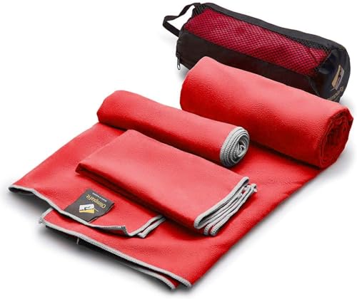 OlimpiaFit Quick Dry Towel - 3 Size Pack of Lightweight Microfiber Travel Towels w/Bag - Fast Drying Towel Set for Camping, Beach, Gym, Backpacking, Sports, Yoga & Swim Use - color: Red (3 Size Set)