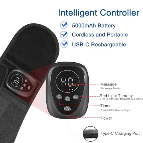 Lower Back Massager Belt with Red Light Heating Therapy, Cordless Heating Pad for Back, Rechargeable 5000 mAh Battery, Heated Back Brace Warmer Belt for Back Pain Relief,L