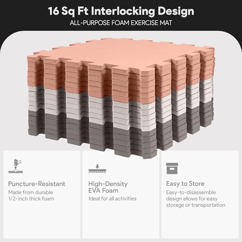 BalanceFrom 16-Pack 12x12 Inches EVA Interlocking Foam Play Tile Mat, Cream/Gray/Beige – 0.4-Inch Thick Non-Slip Puzzle Flooring for 16 Square Feet in Playroom, Nursery, or Playpen at Home