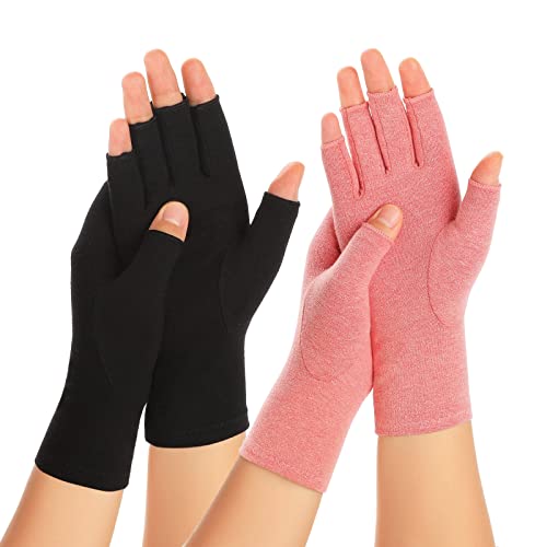 Zexhoor 2 Pairs Arthritis Compression Gloves for Women Men, Carpal Tunnel Pain Relief, Fingerless for Typing Both Hands - color: Black1+pink1, size: Small
