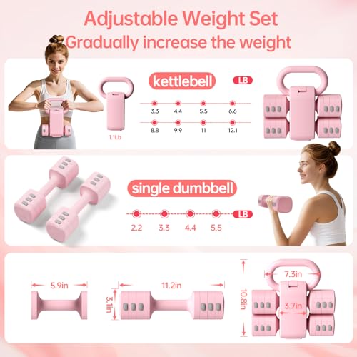 Adjustable Kettlebell Set, 4-in-1 Free Weight Kettlebell sets (5.5lbs 7.7lbs 9.9lbs 12.1lbs) for women, Hand Weight Dumbbell Set of 2 for Home Gym Fitness Training