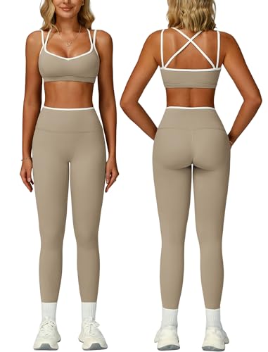 Women 2 Piece Workout Sets Cross Back ColorBlock Sports Bra High Waist Tummy Control Active Leggings Yoga Outfit - color: Khaki, size: Small