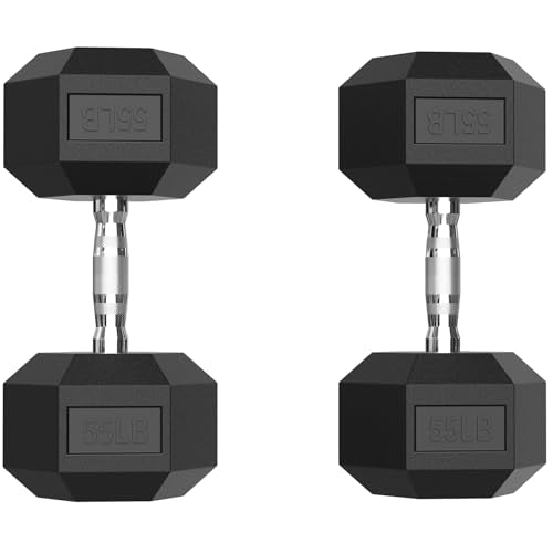 Rubber Encased Hex Dumbbell, Hand Weights with Anti-Slip Cast Iron Grip for Exercise & Fitness, Weights Dumbbells Set of 2 for Strength Training - style: 55LB Pair