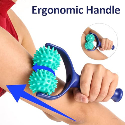 Spiky Massage Balls Rollers with Dual Ball Design, Manual Massage Stick with Ergonomic Handle, Lightweight and Portable Point Muscle Massages Tool Pain Relief for Back Neck Shoulder Leg - color: Green