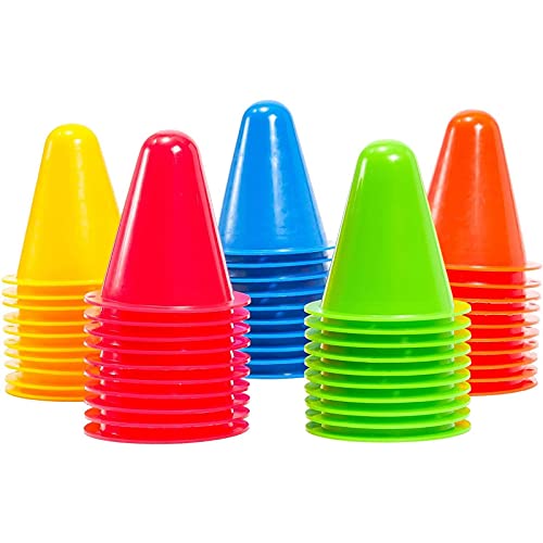 Mini Plastic Cones - Durable Polyethylene & Soccer Training Equipment - Classroom Activities & PE Supplies for Elementary - Dance Practice & Dance Teacher Supplies - Pack of 50, Assorted Colors, 3 in