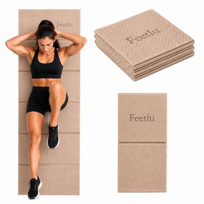 Foldable Yoga Mat, 72" x 24", 6mm Thick, Lightweight & Non-Slip - color: Khaki