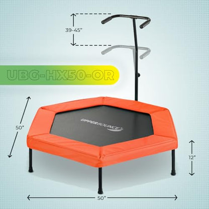 Upper bounce Mini Workout Trampoline Adjustable tshaped handrail – Hexagonal rebounder Kids & Adults – Fitness Trampoline Equipment Supports up 220lbs. (Orange, 50 Inches)