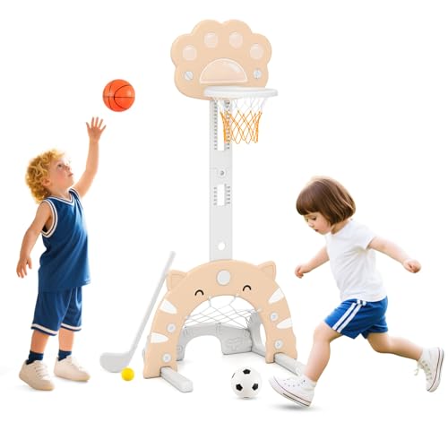 Costzon 3 in 1 Toddler Basketball Hoop, Height Adjustable Kids Sports Center w/Foldable Basketball, Soccer & Golf Game, Indoor Outdoor Activity Playset w/Foldable Rim, Gift for Children Baby Infant - color: Mocha Cat Paws, size: 25.5" x 19" x 51"-59.5"(L