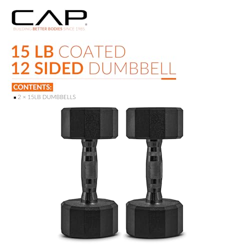 CAP Rubber Coated Dumbbell Weights, Free Weights for Home Gym Strength Training, Anti-Roll Hex Dumbbells with Black, Chrome & Comfort Grip Handles, Pairs & Sets - size: 15 lb - Pair, style: 12-Sided - Black Handle